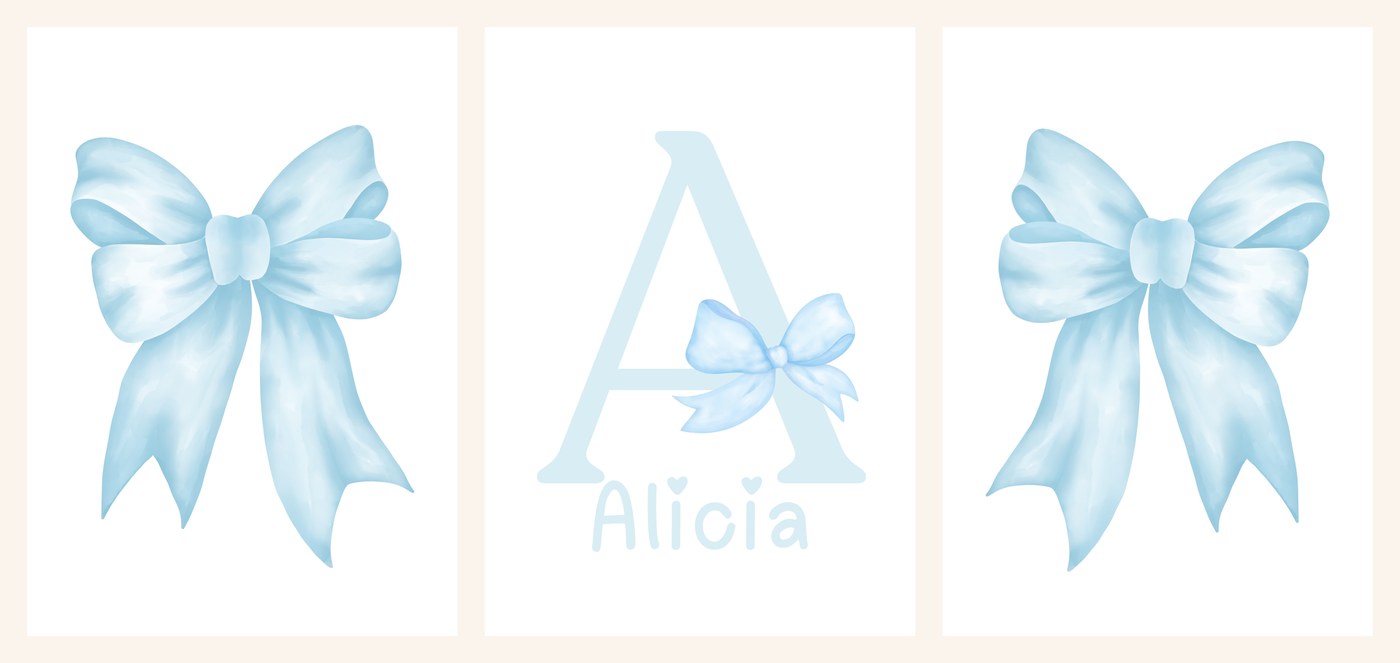The three Baby Blue Bow Name Set prints side by side, bow print, name print and second bow print