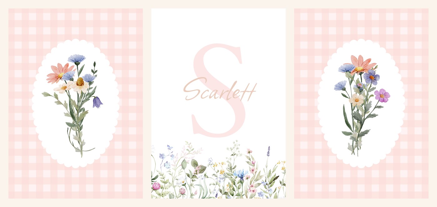 The three Pink Gingham Name Set prints side by side, wildflower posy, name print and second wildflower posy