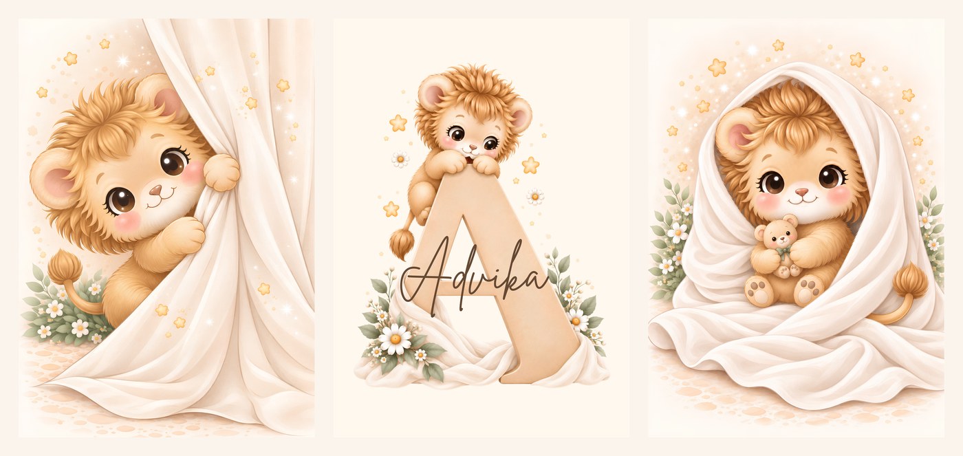 The three Little Lion Name Set prints side by side, curtain print, name print and blanket print