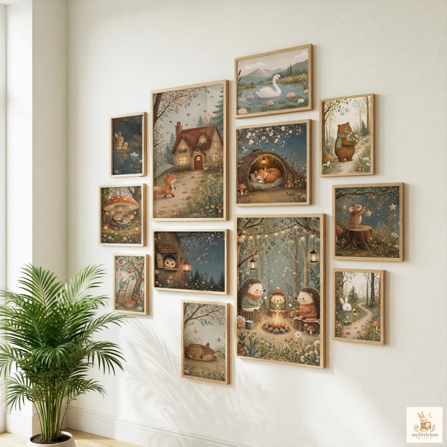 Eight Woodland Stories prints on a nursery wall, from a bear asleep in a hammock to an owl's tree-hollow library.