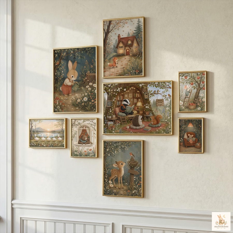 A room hung with Woodland Stories prints, among them a swan gliding past cygnets and a fox nearing a lit cottage.