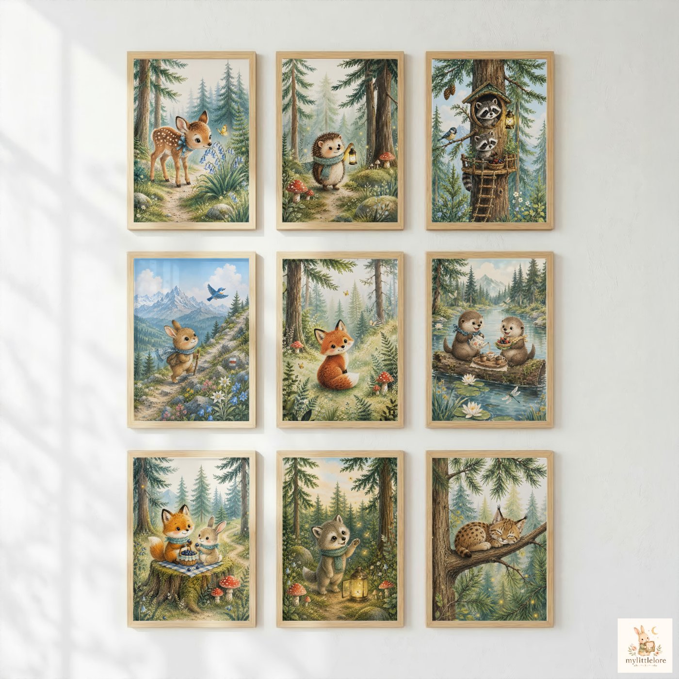 Woodland Stories prints framed on a wall