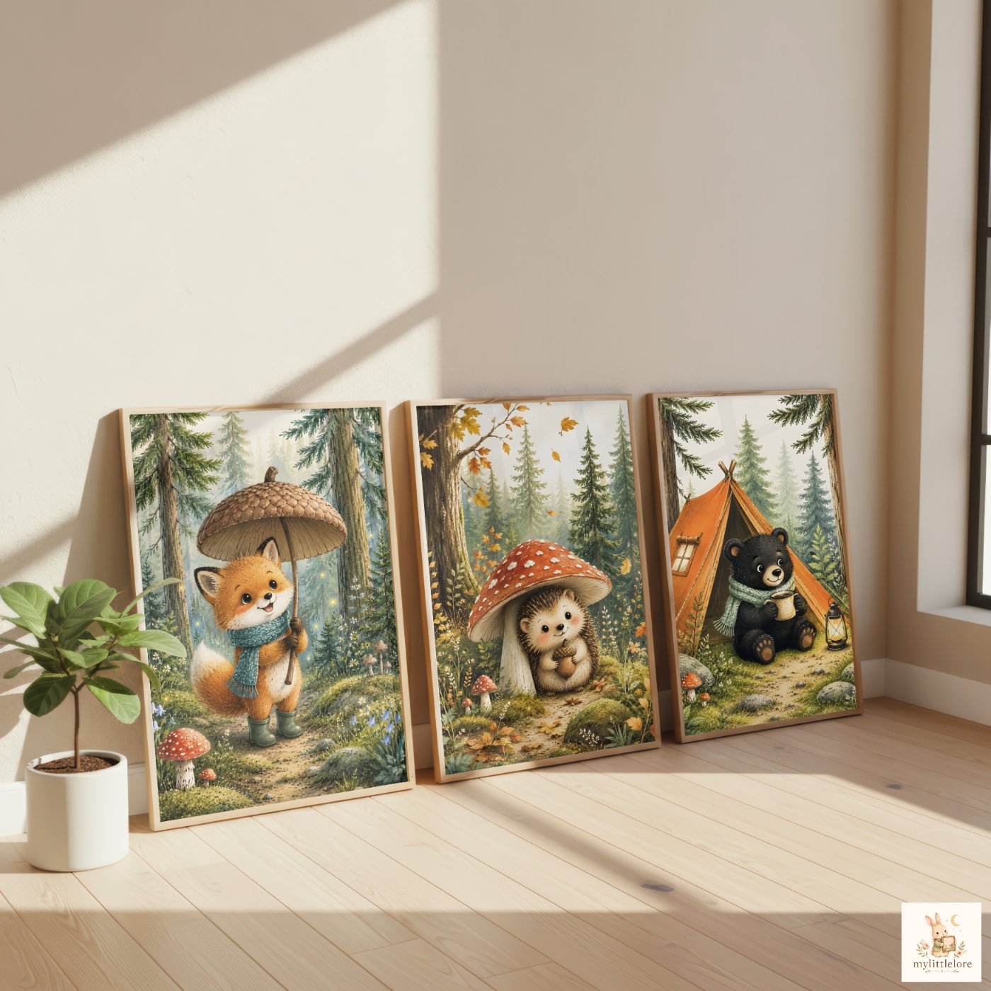 Woodland Stories prints on a nursery wall