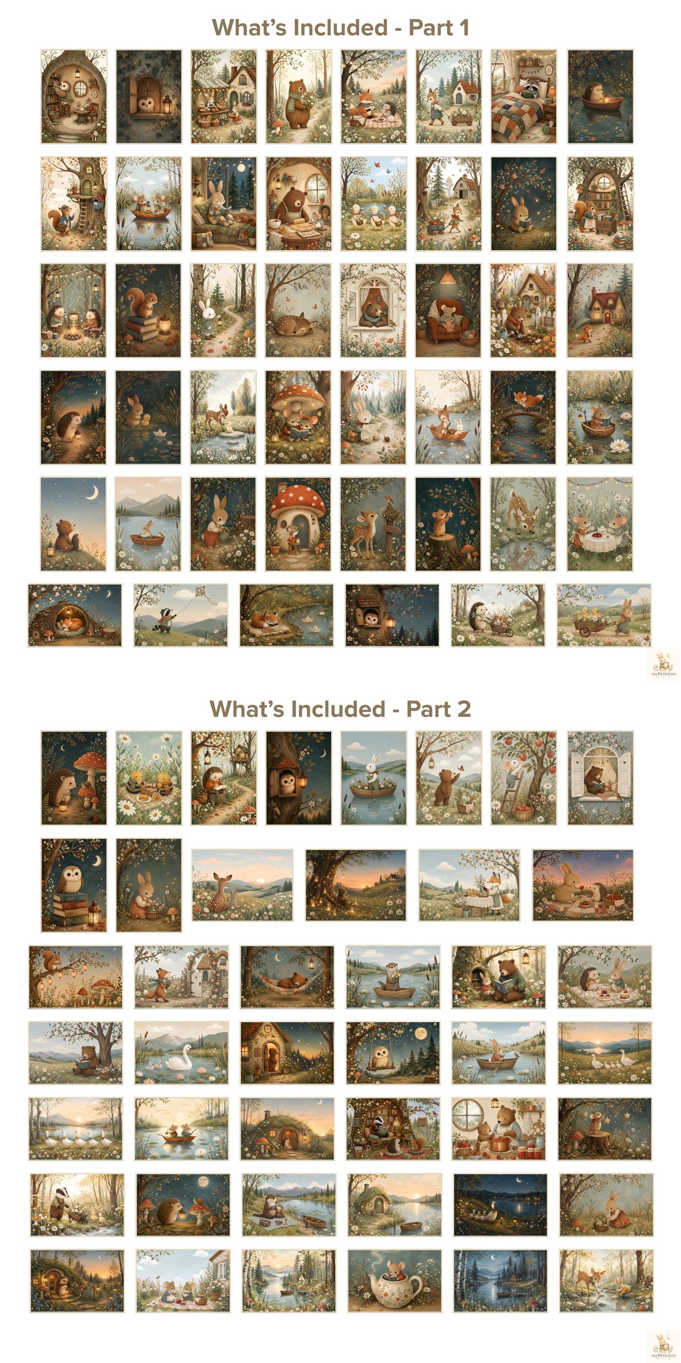 The numbered File Guide showing all 90 Woodland Stories designs, sorted into folders by ratio.